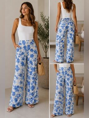 Mango Blue Floral Smocked Waist pants